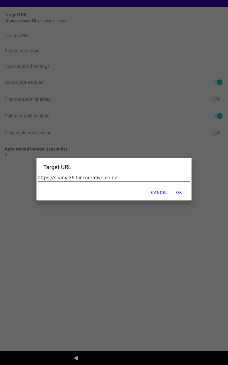 Dialog box for editing the Target URL, with a text field, Cancel and OK buttons